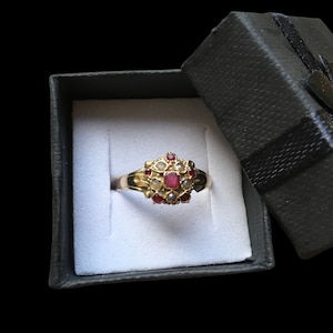 Antique Victorian gold ruby and split pearl cluster ring
