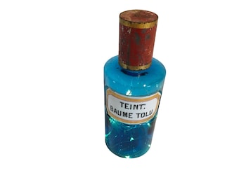 Napoleon 3 BLUE GLass pharmacy jar with Porcelain Label “ Teint: Baume Tolu “