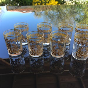 Rare set of  8 French Antique crystal liqueur glasses with gold enamel detail Napoleon III