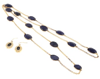 Conjunto de collar largo y pendientes de plata dorada y lapislázuli
