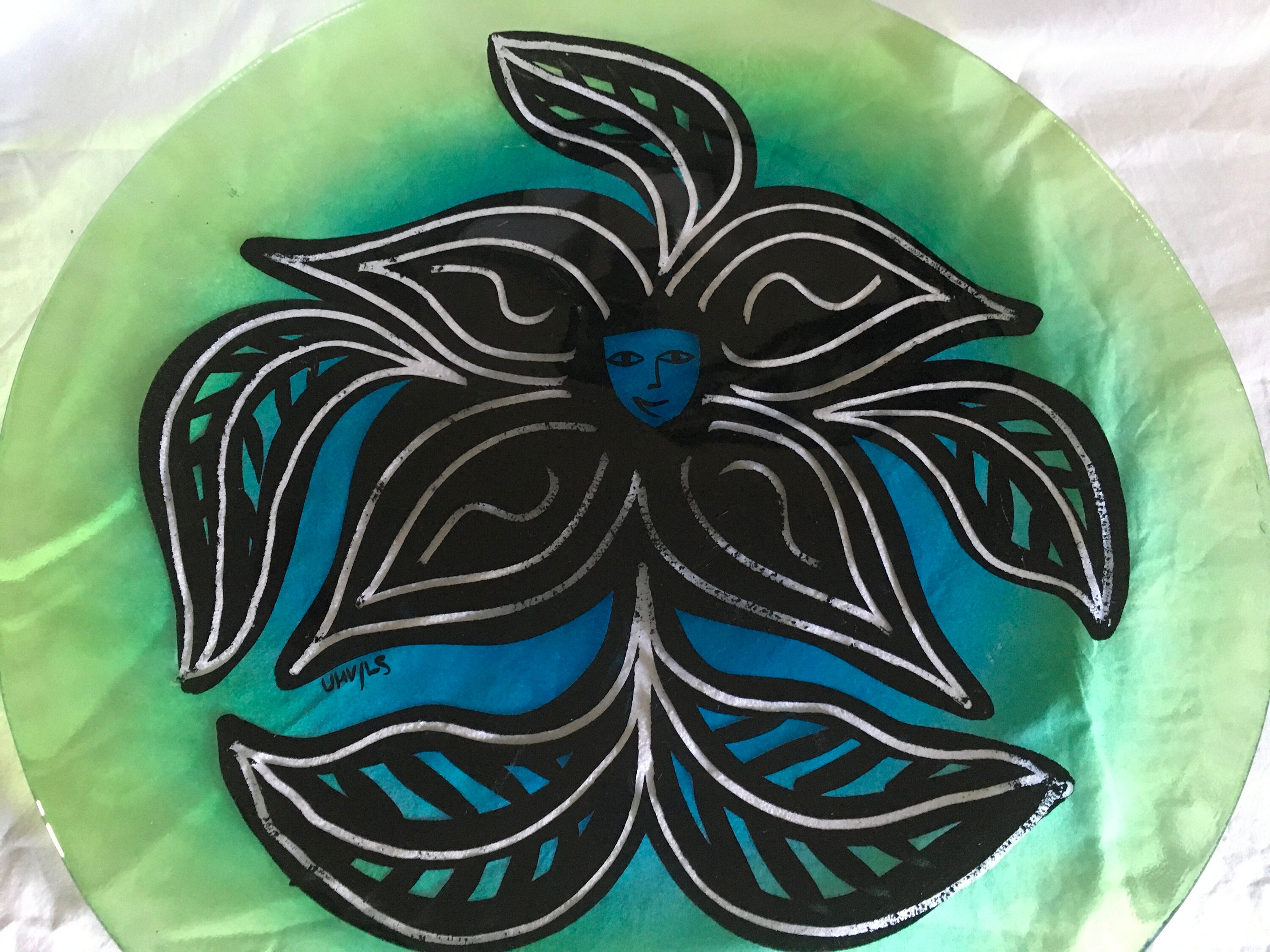 Kosta Boda Glass Art Plate Hand Painted Signed by Ulrica Hydman