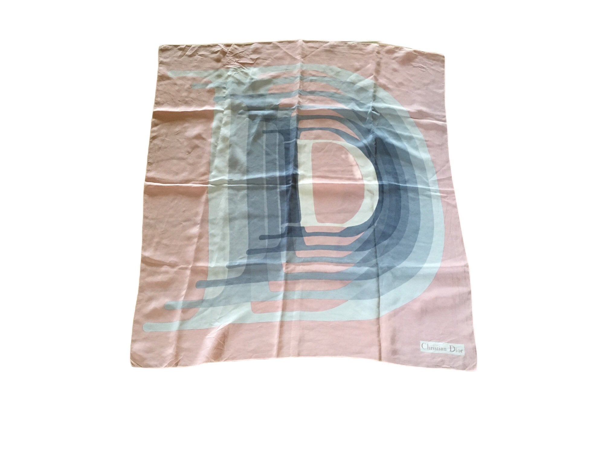 Vintage Christian Dior Designer Pale Pink Silk Scarf Graphic D