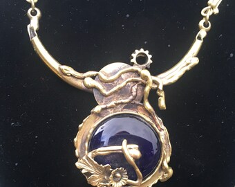 Stunning unusual art nouveau style designer  necklace set with blue coloured glass foliate design