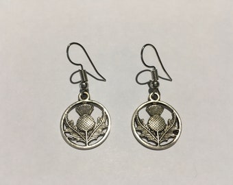 Silver Scottish thistle drop earrings