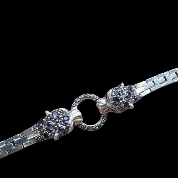 Vintage art deco style silver amethyst garnet and marcasite double panther head bracelet