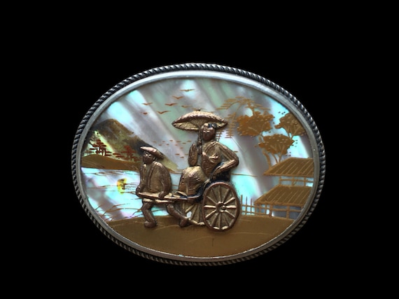 19 th century antique Japanese rickshaw scene  br… - image 1