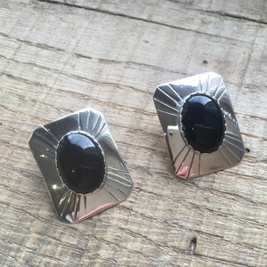 Large vintage retro 1980’s silver and black onyx earrings