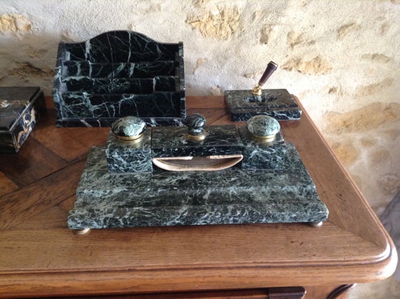 French Antique Green Marble Desk Set French Antique Green Marble Desk Set