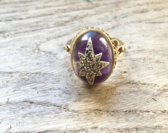 A very Rare antique Victorian gold Amethyst Cabochon and rose cut diamonds in a star mount