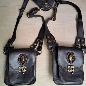 Coldre de ombro em couro de búfalo autêntico, bolsos com pedras preciosas em olho de tigre, steampunk, hippie, festival, café, marrom escuro, frete grátis para todo o mundo*