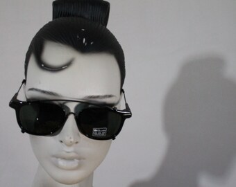 Vintage Sunglasses 70s square Aviators unique Full black lenses glass  Made in Italy brow bar sunglasses