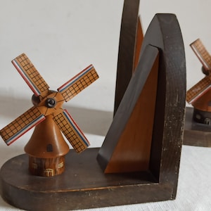 Nice pair of wooden bookstands, 1960s, stylish midcentury bookstands, windmill bookends, dutch bookends