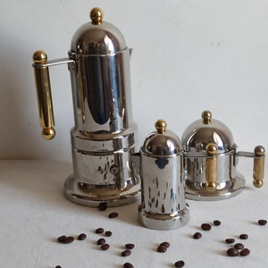 VEV Kontessa vintage coffee set, rare silver and gold espresso maker, sugar bowl and milk jug
