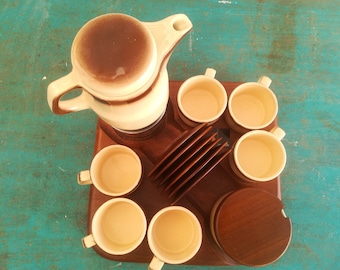 1960s stovetop moka pot coffee set on wooden tray artek, complete,  stunning italian design piece