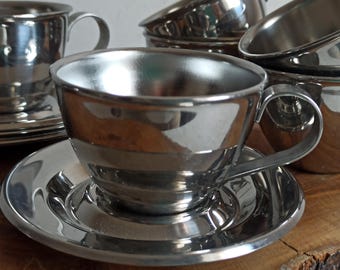 Elegante juego de diseño de tazas de espresso de acero inoxidable de doble pared, fabricado en Italia en la década de 1980, Nanni P&B Italia