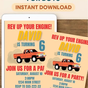Editable Truck Birthday Invitation | Red Pickup Truck Party Invite | Instant Download | Editable Template | Boy’s 6th Birthday