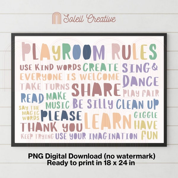 Playroom Rules DIGITAL FILE DOWNLOAD | Play Room Decor, Poster Idea, Wall Art, Children's Room Decor, Kids Wall Art, Children's Play Prints