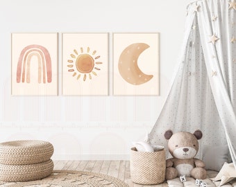 Sunshine Moon Stars Wall Art DIGITAL FILES ONLY | Playroom Decor, Playroom Wall Art, Kids Room Decor, Kids Wall Art, Kids Prints