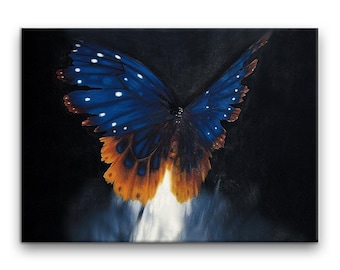 Blue Butterfly Oil Painting, Realistic Canvas Wall Art, Hand-Painted Living Room Decor