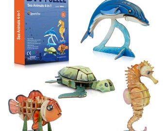 DIY 3D Wooden Puzzle Bundle– Colorful Sea Animals Models Building Kits for Kids & Adults- Educational STEM Brain Teasers Puzzles - Wood