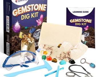 Gem dig kit with 12 Real Gemstones for Kids - Rock Collection Science kit with Excavation Tools, Goggles & Storage Bag, Keychain