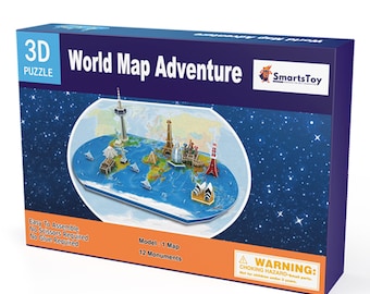 World Map 3D Kids Puzzle - Fun Geography Game for Kids with 12 World of Wonders - DIY Model Building Kit - Cool Architecture Kits World map