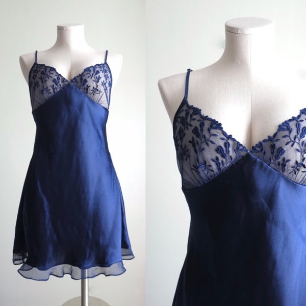 Blue Satin & Floral Bust Nightie Slip Dress Size M