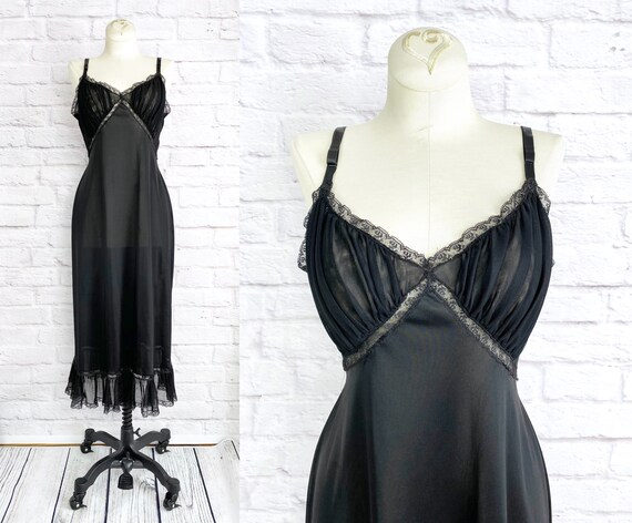 Vintage 60s Black Nylon Slip Dress S