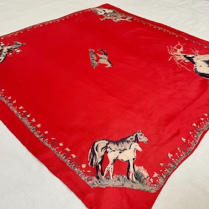Jacqmar horse theme red vintage silk scarf possibly early 1950s era