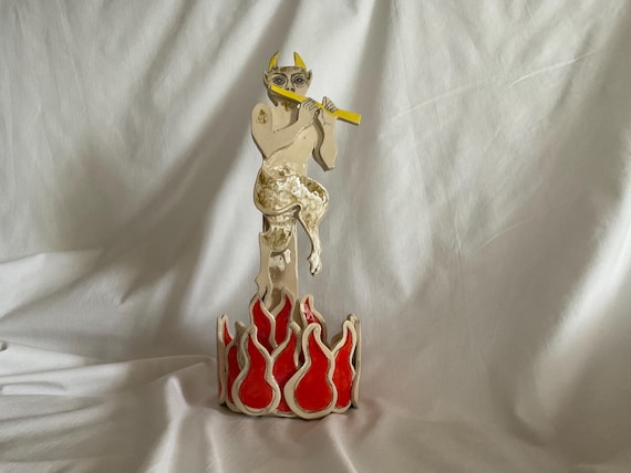 Studio pottery hand made ceramic wall hanging dancing Faun Satyr Pan or devil Mythological Greek god tea light holder