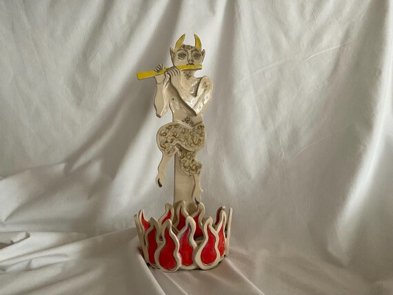 Studio pottery hand made ceramic wall hanging dancing Faun Satyr Pan or devil Mythological Greek god tea light holder