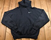 Vintage 1990s Distressed Nike Embroidered Swoosh Black Hoodie Made in USA Athletic Pullover Vintage Streetwear Athleisure