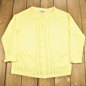 Vintage 1990s National Yellow Acrylic Knit Cardigan Sweater / Vintage Cardigan / Button Up / 3D Knit / Cute Cardigan