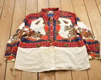 Vintage 1990s Womens Western Graphic Button Up Shirt / 1990s Button Up / Vintage Western / Jordan / Western Theme / All Over Print