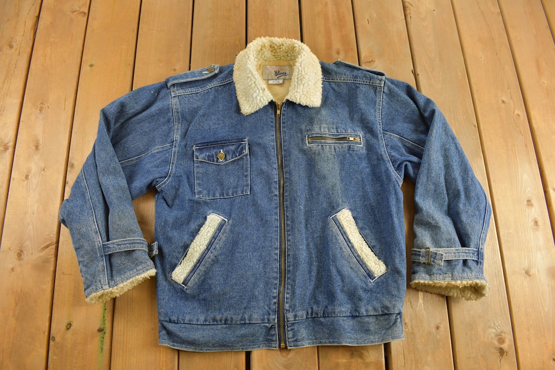 ジャケット・アウター 50s VINTAGE SATAIN PULLOVER SHIRT BLUE Vintage 1990s Weathered Blues Outerwear Sherpa Lined Denim