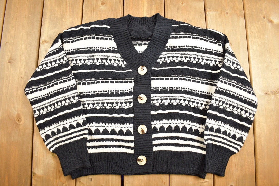 Vintage 1990s Abstract Striped Knit Cardigan Sweater / Vintage 