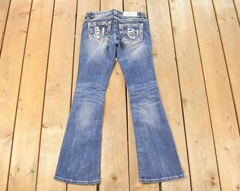 Vintage Deadstock Y2K Miss Me Bedazzled Low Rise Jeans Women's Size 26x29 / Boot Cut Jeans / 2000's Embroidered Contrast Stitched Denim