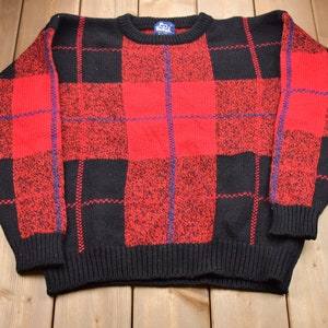 Vintage 1960s Woolrich Plaid Knitted Sweater / Vintage 60s Crewneck / Pattern Sweater / Outdoor / Hand Knit / Pullover Sweatshirt