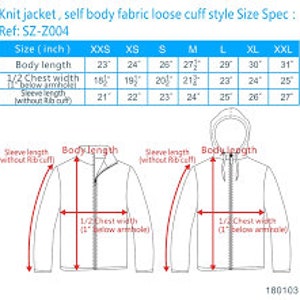 May include: Size chart for a knit jacket with a loose cuff style. The chart shows measurements in inches for body length, 1/2 chest width, and sleeve length (without rib cuff) for sizes XXS to XXL. Ref: SZ-Z004.