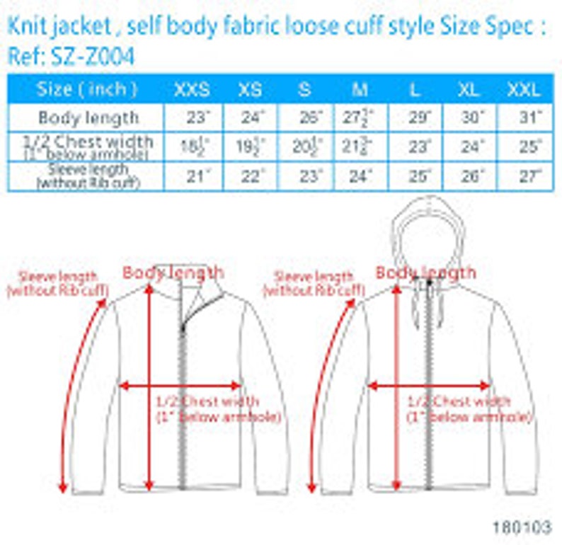 May include: Size chart for a knit jacket with a loose cuff style. The chart shows measurements in inches for body length, 1/2 chest width, and sleeve length (without rib cuff) for sizes XXS to XXL. Ref: SZ-Z004.