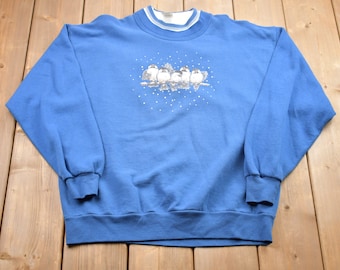 Vintage 1990s Bird Graphic Double Collar Crewneck / Nature Print / Bird Sweatshirt / Animal Print / Mock Neck Sweatshirt / Made In USA