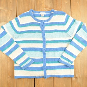 Vintage 1990s Christopher & Banks Knit Cardigan Sweater / Vintage Cardigan / Button Up / Blue Sweater / Vintage Striped Cardigan