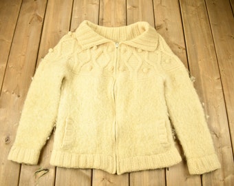 Vintage jaren 1980 kabelgebreide trui met ritssluiting / Vintage 3D-breisel / Beige trui / trui met volledige ritssluiting / Vintage kabelbreisel
