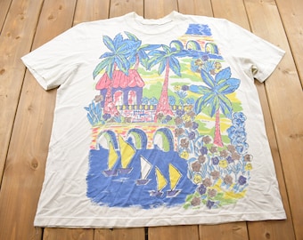 Vintage 1994 All Over Print Tropisches Grafik T-Shirt / Streetwear / Retro Stil / Einstich / Made In USA / 90er Jahre Graphic Tee