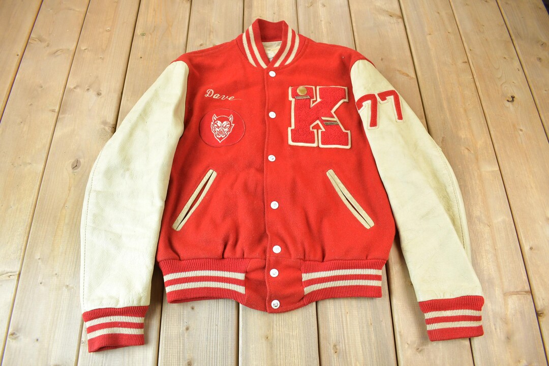 Veste Universitaire Vintage Holloway Carmel Pups - USA, Années 90, Cuir Et Laine, Taille L