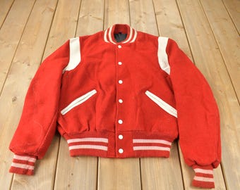 Vintage leren en wollen blanco varsity-jas uit de jaren 70, gemaakt in de VS