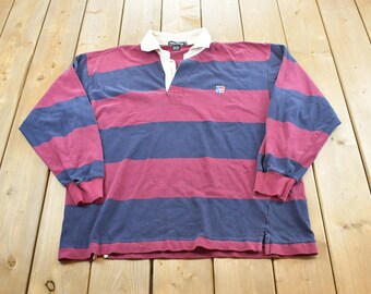 Camisa polo de manga comprida listrada estilo rugby da Nautica, vintage anos 90, tamanho XL masculino / Estilo náutico / Athleisure / Streetwear / Preppy / Streetstyle