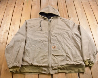Vintage 1990s Carhartt Hooded Cinched Active Jac Work Jacket / Workwear / Distressed / Made In USA / Size 4XL