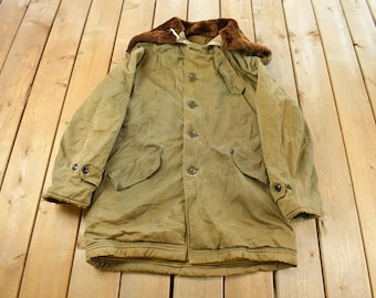 Vintage 1940s WW2 Air Force Type B-9 Parka Flyer Shearling Fur Hood Jacket Men's Large / Military Flight Coat / True Vintage