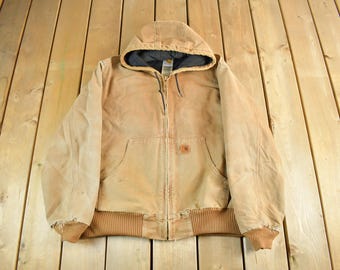 Vintage 1990s Carhartt Hooded Jacket Men's Large / Distressed Sun Faded / Beige Tan Workwear Coat